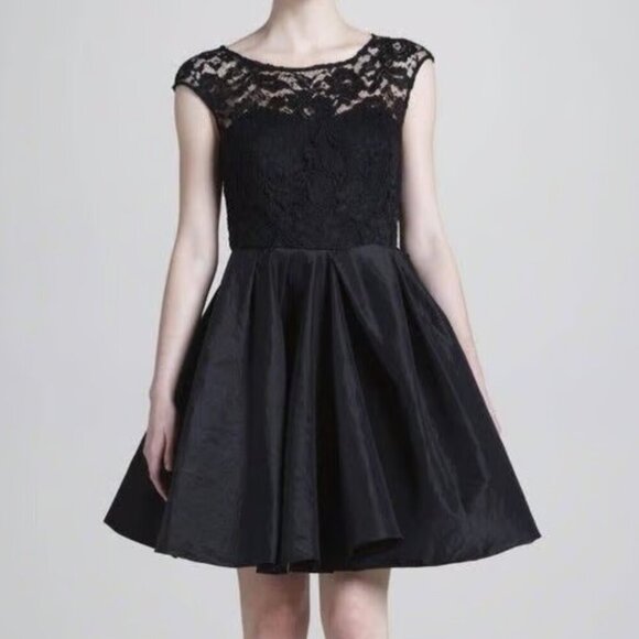 Marchesa Lace Illusion Fit & Flare Tafetta Mini Dress in Black $595 - Picture 1 of 13
